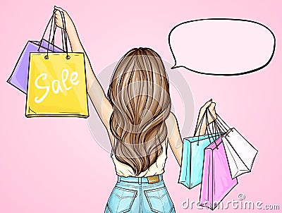 Pop art girl holding shopping bags Vector Illustration