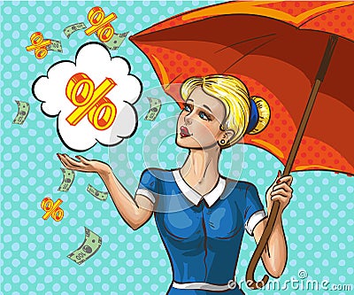 Vector pop art lady with umbrella under money rain Vector Illustration
