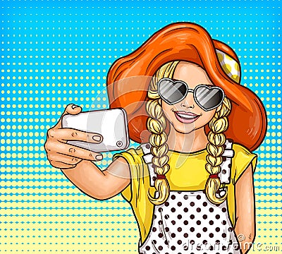 Vector pop art little girl in sunglasses and vintage hat makes selfie Vector Illustration