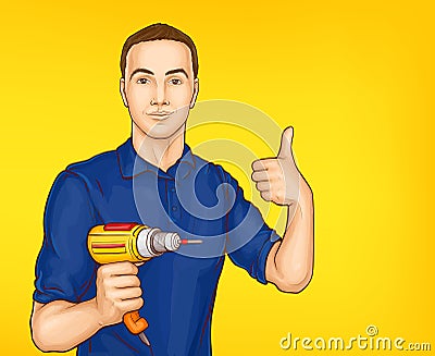 Vector pop art male character with drill Vector Illustration