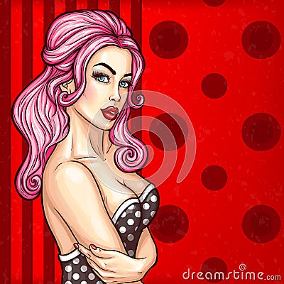 Vector pop art pin up illustration of a girl in a seductive dress somewhere invites Vector Illustration