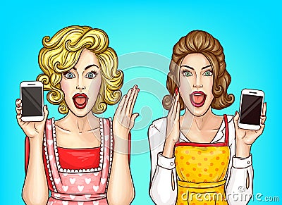 Vector shocked women with smartphone, excited housewives Vector Illustration
