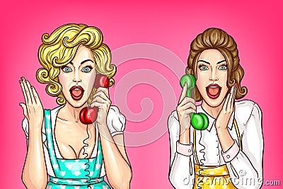 Vector women talk on the phone, excited housewives Vector Illustration