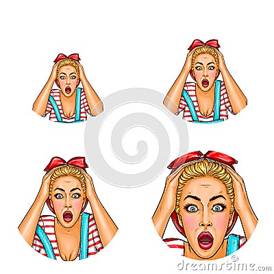 Vector pop art avatar of shocked, surprised blonde girl with opened mouth in casual clothing. Icon for blog, chat Vector Illustration