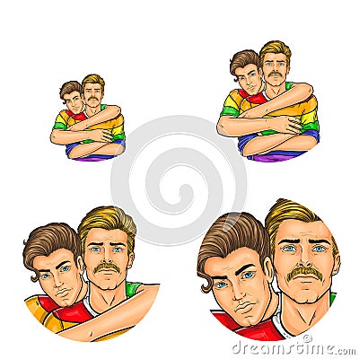Vector pop art social network user avatars of gay men couple embracing in rainbow clothes. Retro sketch profile icons Vector Illustration