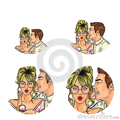 Vector pop art social network user avatars of man whispering marriage proposal in woman ear. Retro sketch profile icons Vector Illustration