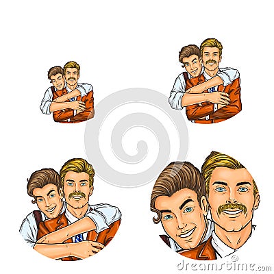 Vector pop art social network user avatars of son boy embracing father man retro sketch profile icons Vector Illustration