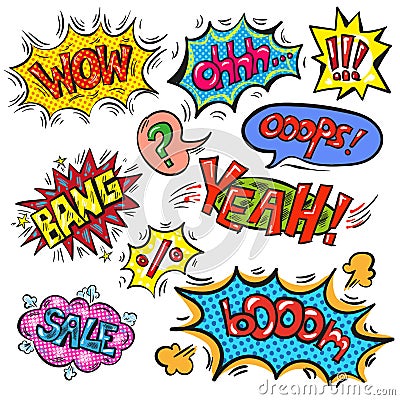 Vector pop art speech bubble set with abbreviations and signs Vector Illustration