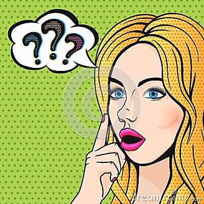 Vector pop art stupid woman face with question marks. Blonde thinking woman with open mouth comics style illustration Vector Illustration