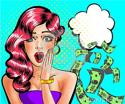 Vector pop art surprised beautiful pin-up girl thinking about money Vector Illustration