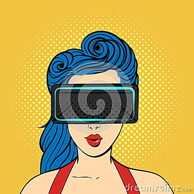 Vector pop art surprised woman wearing virtual reality glasses. Vector Illustration