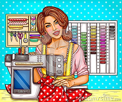 Vector pop art woman tailor sews on a modern sewing-machine with display. Seamstress, dressmaker, atelier illustration. Vector Illustration