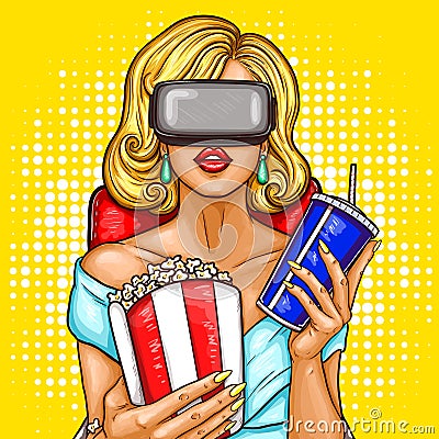 Vector pop art woman watching movie with virtual reality glasses. Vector Illustration