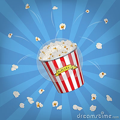 Vector Popcorn bucket with flying popcorn on blue pop art background. Vector Illustration