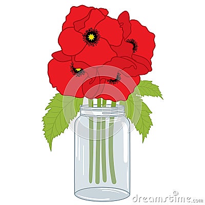 Vector Poppy Bouquet and Mason Jar. Poppy and Mason Jar Vector Illustration. Vector Illustration