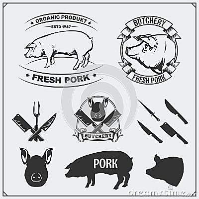 Vector pork meat labels and design elements. Butcher`s business logos. Silhouettes of pig and cutlery. Vector Illustration