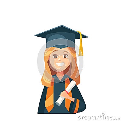 Vector portait graduate female girl in a graduation gown. Vector Illustration