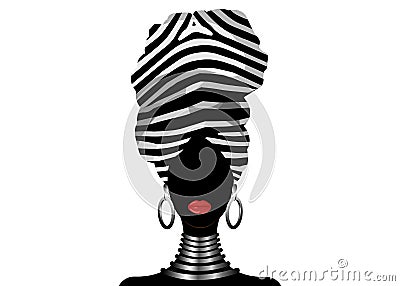 Vector Portrait African woman in traditional striped turban, Kente head wrap, dashiki printing, black afro women silhouette Vector Illustration