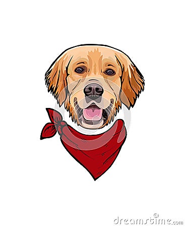 Vector portrait of a dog breed Golden Retriever with red bandana Stock Photo