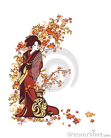 Vector portrait of japanese geisha by the vase with autumn season maple tree branches border Vector Illustration