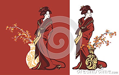 Vector portrait of japanese geisha by the vase with autumn season maple tree branches Vector Illustration