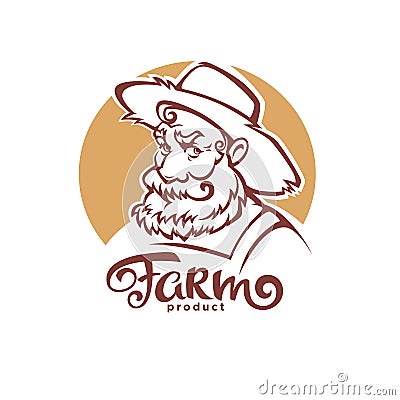 Vector portrait of old farmer in hat and farm lettering Vector Illustration