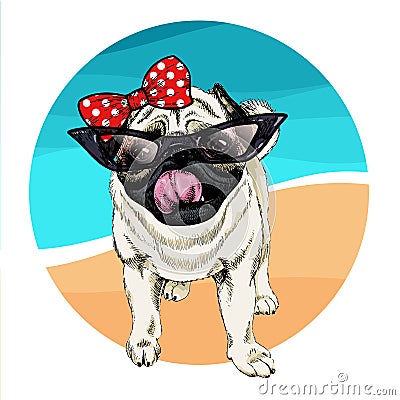 Vector portrait of pug dog wearing sunglasses and retro bow. Summer fashion illustration. Vacation, sea, beach, ocean Vector Illustration