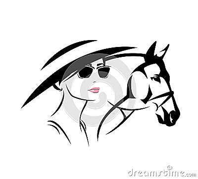 Vector portrait of race horse and elegant woman wearing wide hat and sunglasses at hippodrome Vector Illustration