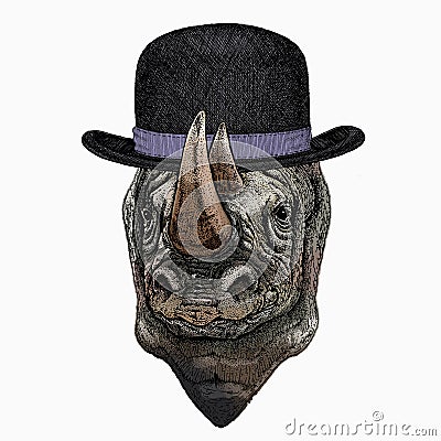 Vector portrait of rhinoceros, rhino. Wild african animal. Bowler hat. Vector Illustration