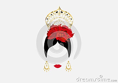 Vector Portrait of traditional Latin or Spanish woman dancer , Lady with gold accessories peineta, earrings and red flower , Flame Vector Illustration