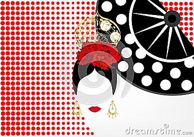 Vector Portrait of traditional Latin or Spanish woman dancer , Lady with gold accessories peineta, earrings and red flower , FAN Vector Illustration