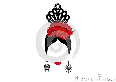 Vector Portrait of traditional Latin or Spanish woman dancer , Lady with traditional accessories peineta, earrings and red flower Vector Illustration