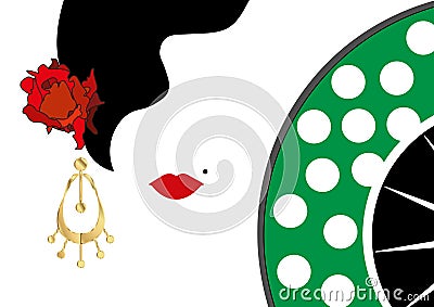 Vector Portrait of traditional Latin or Spanish woman dancer , Lady with gold accessories earrings and red flower , FAN Vector Illustration