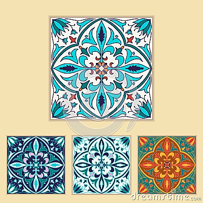 Vector Portuguese tile design in four different color. Beautiful colored pattern for design and fashion with decorative elements Vector Illustration