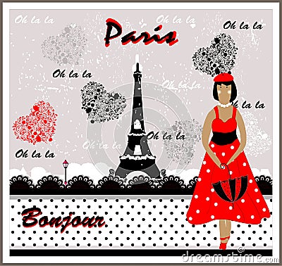 Vector Postcard with France Image. Frenchwoman Stock Photo