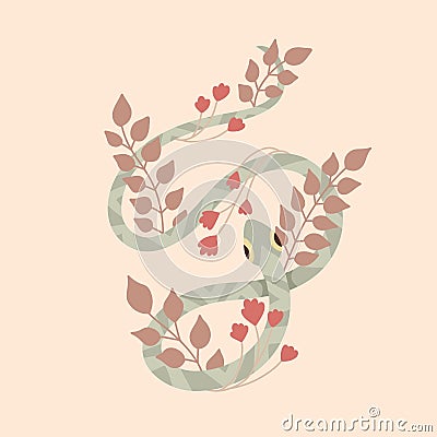 Vector postcard with a green snake with herbs and stems with foliage and flowers in pastel colors Vector Illustration