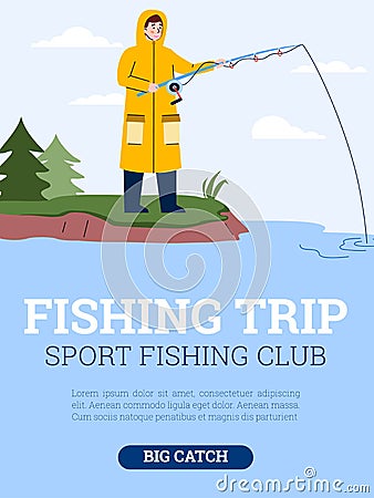 Vector poster with advertise of fishing trip, sport fishing club and big catch Vector Illustration