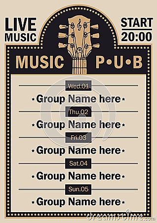 Poster for beer pub with live music with guitar Vector Illustration