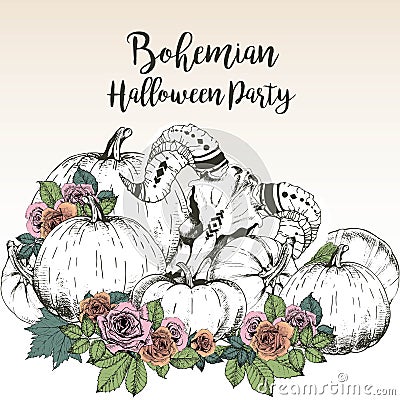 Vector poster for bohemian Halloween party. Goat skull with pumpkins and rose. Decorated with lettering. Vector Illustration