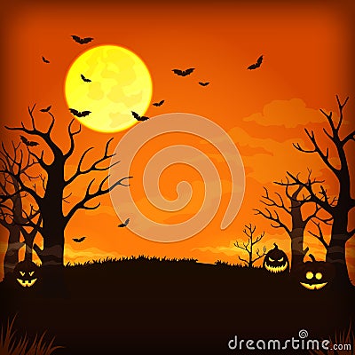 Spooky orange night background with full moon, clouds, bats, bare trees and pumpkins. Vector Illustration