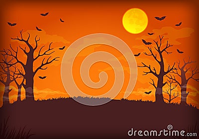 Spooky orange and purple night background with full moon, clouds,bats and trees. Vector Illustration