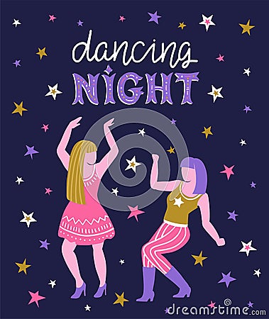 Vector poster with dancing girls. Party invitation or dance banner design with text. Vector Illustration