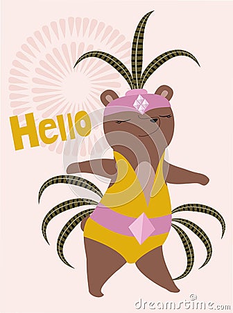 Vector poster design with cute carnival bear in bright modern costume. Kids art decoration in flat style. Design element for carni Stock Photo