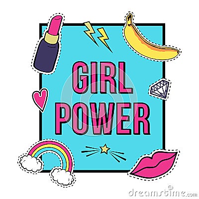 Vector poster `Girl Power` with cute fashion patch badges: lips, rainbow, star, diamond, lipstick Vector Illustration