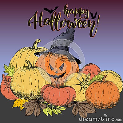 Vector poster for Halloween. Pumpkin jack-o-lantern with witch hat with set of pumpkins. Use for party or greeting card. Vector Illustration