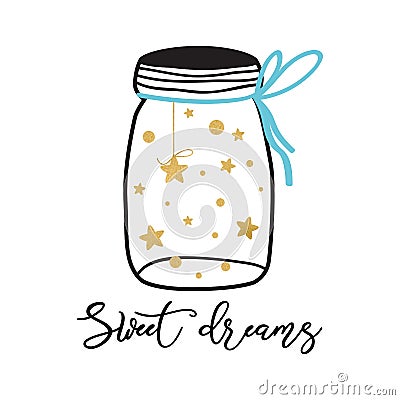 Vector poster kids room with text Sweet dreams Cute nursery poster for baby with gold stars into glass jar Good night Cartoon Illustration