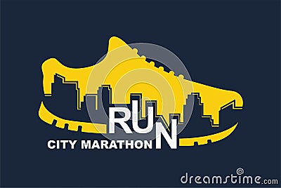 Vector poster - running, sport shoe and the city outline Vector Illustration