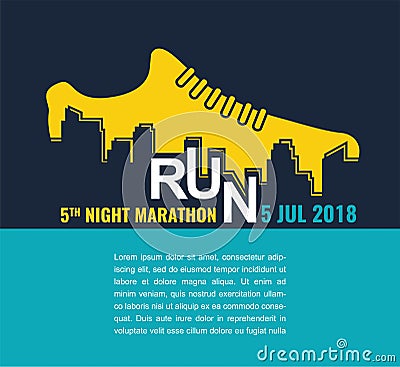 City marathon. Poster - running, sport shoe and the city. Vector illustration. Vector Illustration
