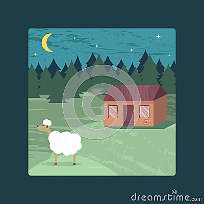 Vector poster with a rural landscape, a lodge and a sheep Vector Illustration