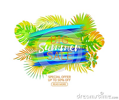 Vector poster with tropical leaves and text Summer Sale on the realistic multicolors smear. Bright discount banner with Vector Illustration